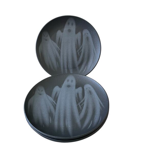 Halloween Ghost Dinner Plates 10.5in Matte Black Set of 4 Made in Brazil New - Picture 12 of 14